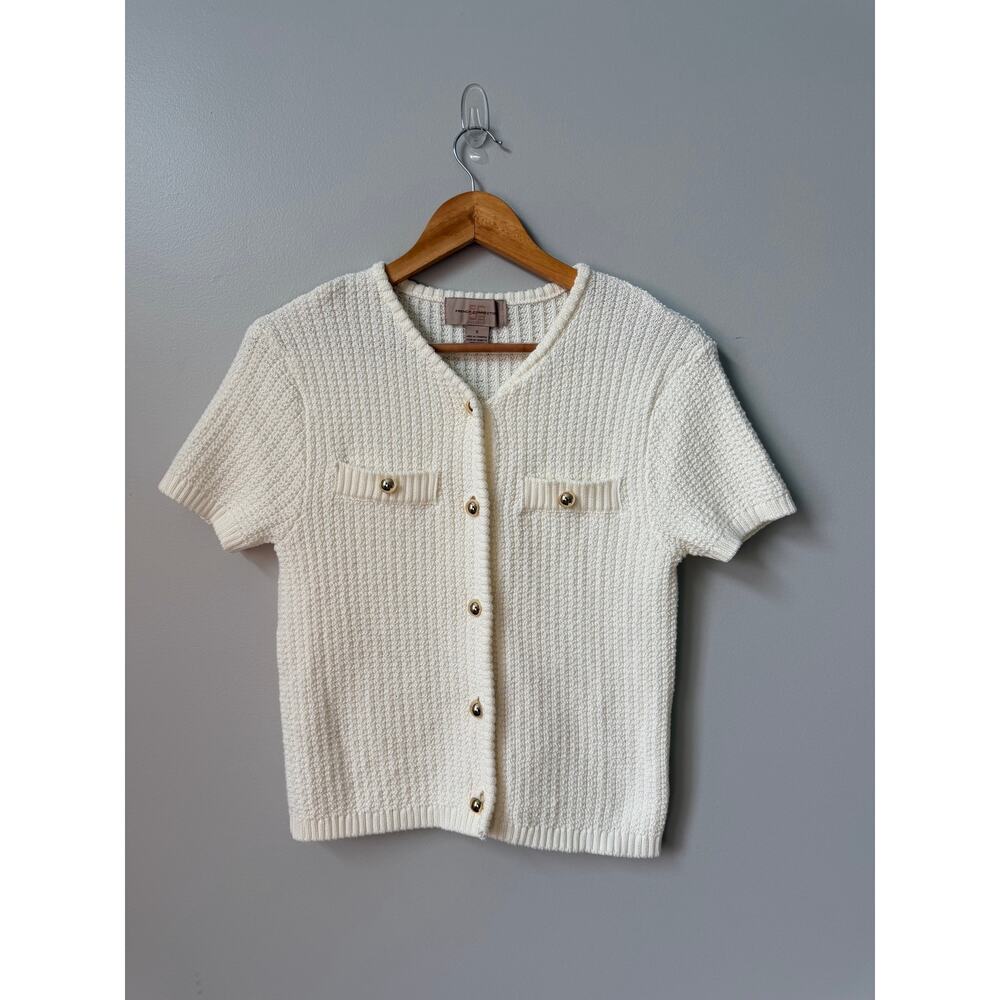 French Connection Egret Textured Knit Short Sleeve Cardigan Gold Buttons Size S - Picture 2 of 8